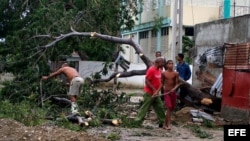 Varias personas trabajan talando árboles derribados por el paso del huracán Sandy por el poblado de Caimanera, en la provincia de Guantánamo (Cuba).